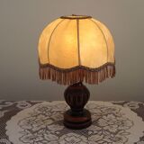 French Mid Century Round Turned Wood Grooved Table Lamp Hide Skin Shade