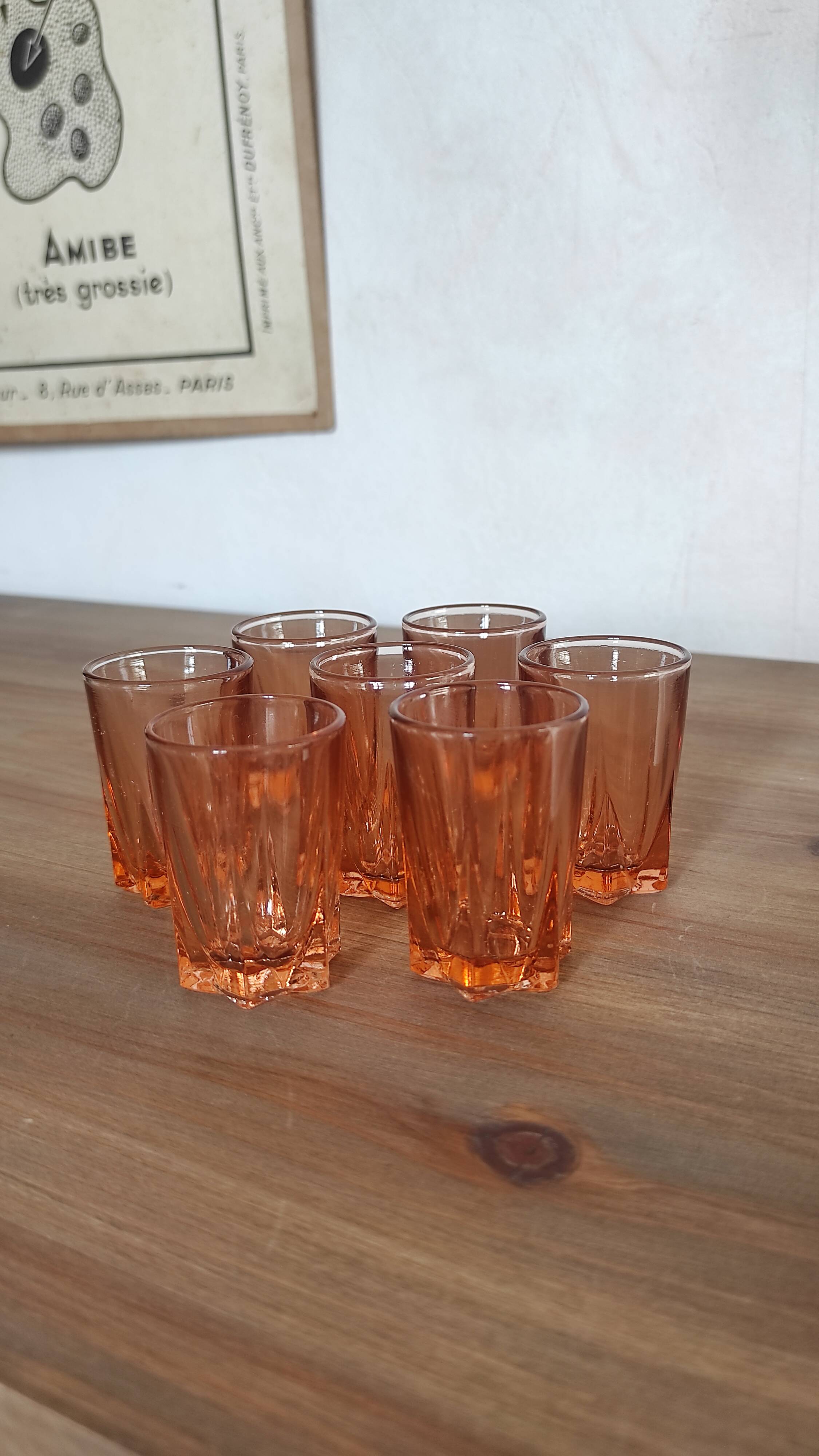 Set of 7 vintage Rosaline liqueur glasses in translucent pink glass
