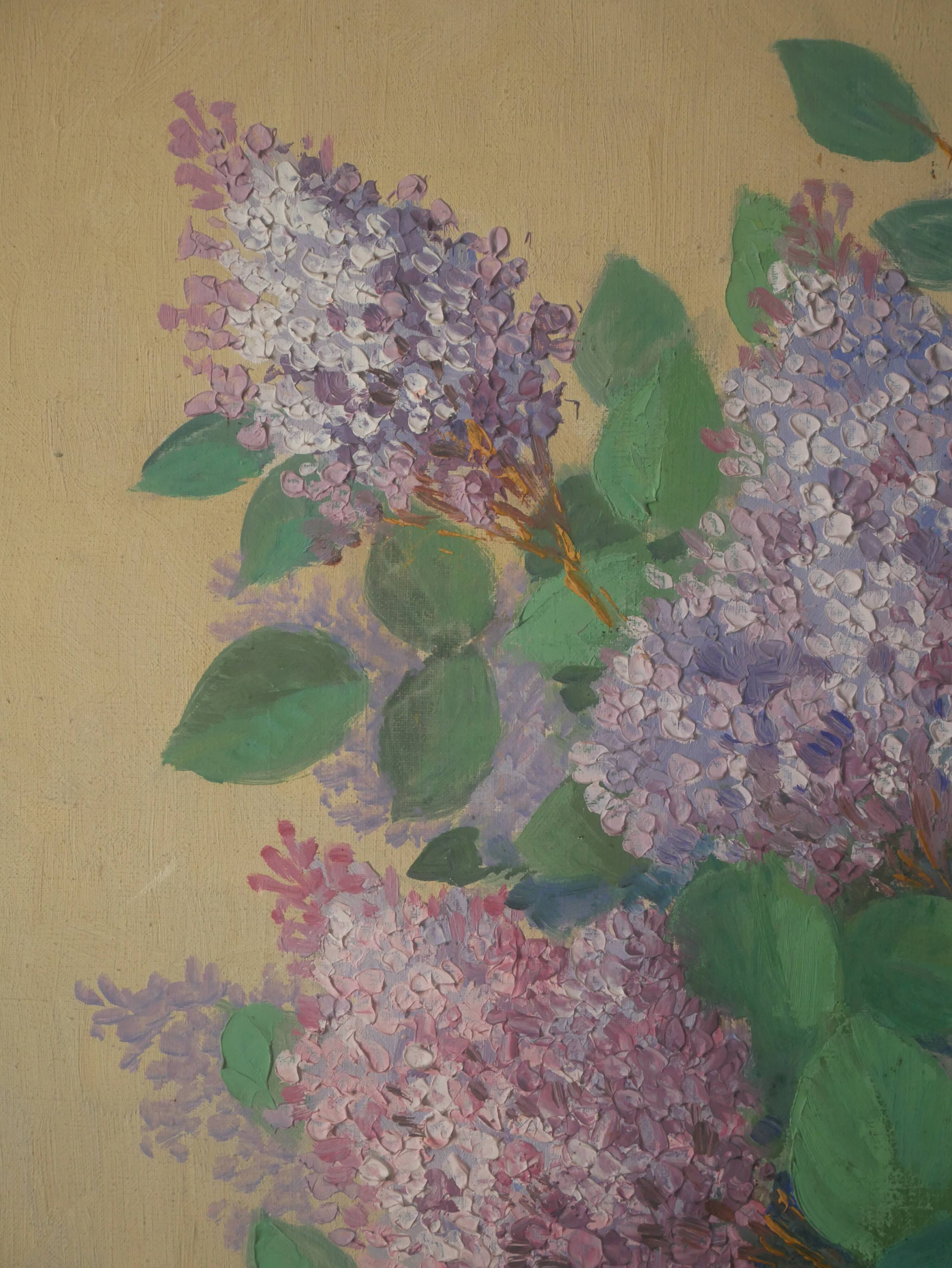 Painting acrylic painting on canvas bouquet lilac flowers decoration countryside old still life