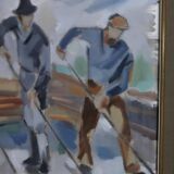 Peinture à l'huile sur toile suédoise du milieu du siècle « Ouvriers en mouvement » par Ivar Hjertquist (1907-1983)