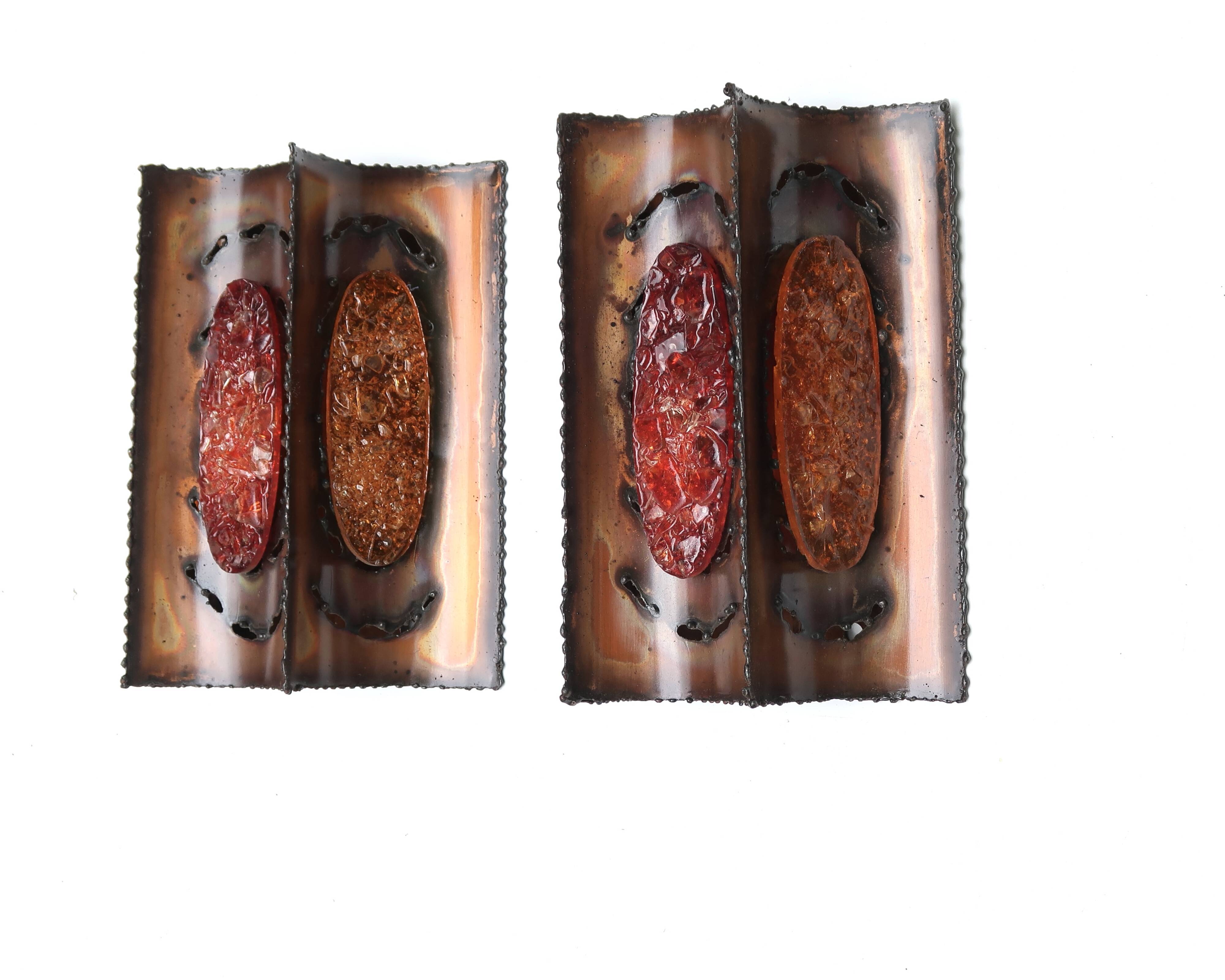 Pair of brutalist Accolay wall lights in copper and resin, 1960s