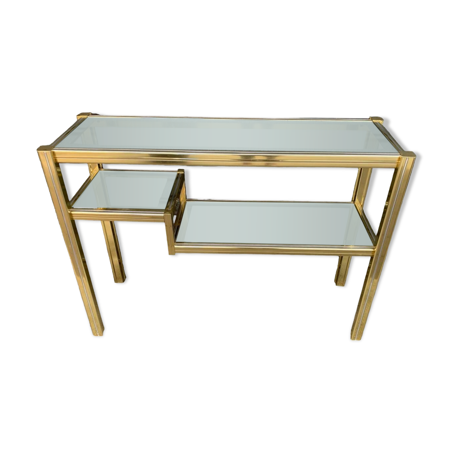 Console au design contemporain chic, laiton et rotin
