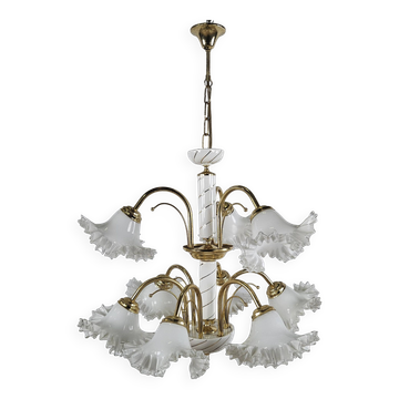 Ceramic, brass and Murano glass chandelier from the 1970s.