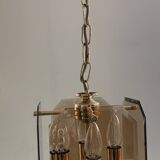 Lustre doré 4 ampoules à suspendre avec plaques en verre fumé