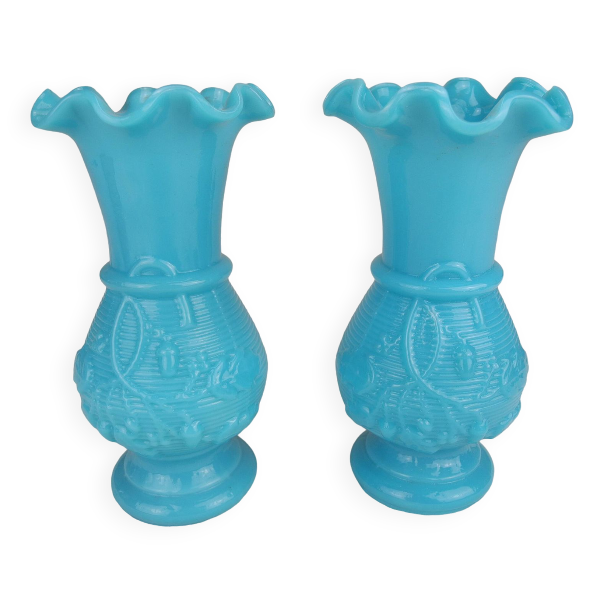 pair of small old blue opaline vases, shabby kitsch decor