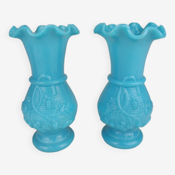 pair of small old blue opaline vases shabby kitsch deco