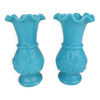 pair of small old blue opaline vases shabby kitsch deco