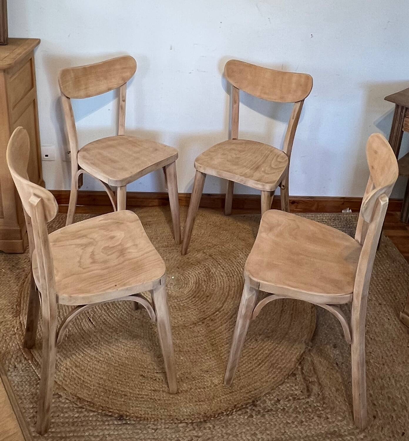 Set of 4 vintage bistro chairs in raw wood