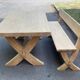 Monastery bench with a 220 cm backrest, renovated in raw solid oak with X legs.