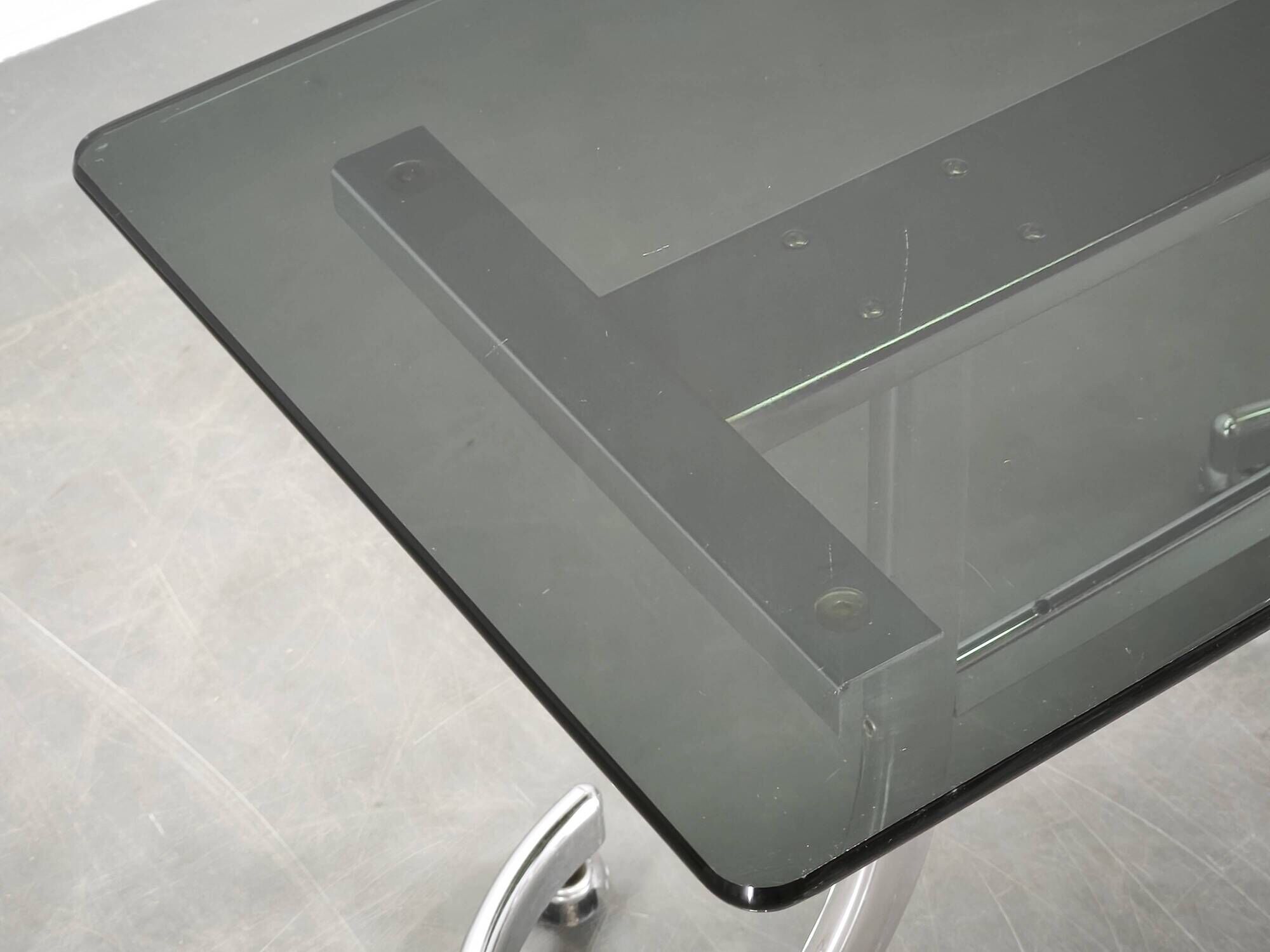 1970s Italian Space Age Chrome and Smoked Glass Rolling Side Table