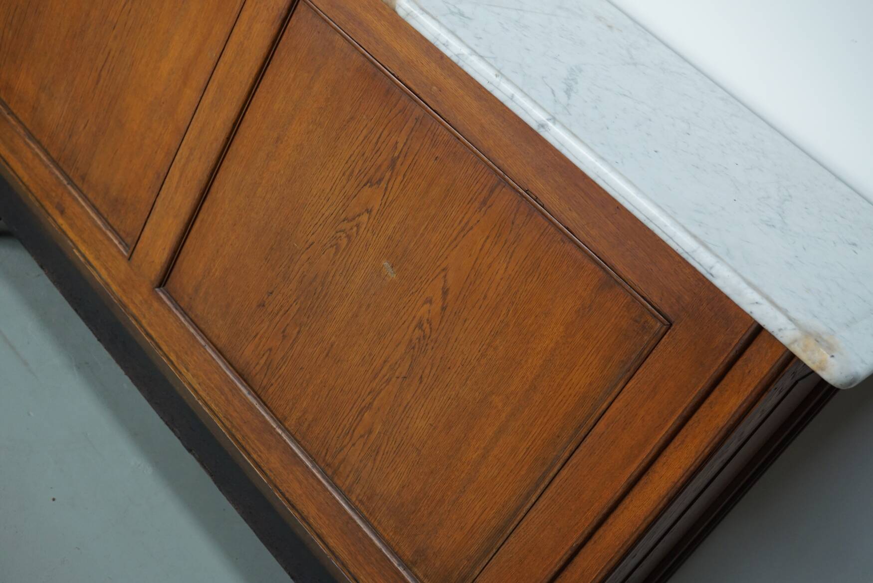 Large Antique Art Deco German Oak & Marble Chocolate Shop Counter, 1920s