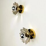 Pair of lotus flower wall sconces, mother-of-pearl petals & gilt brass, Italy, 1970s