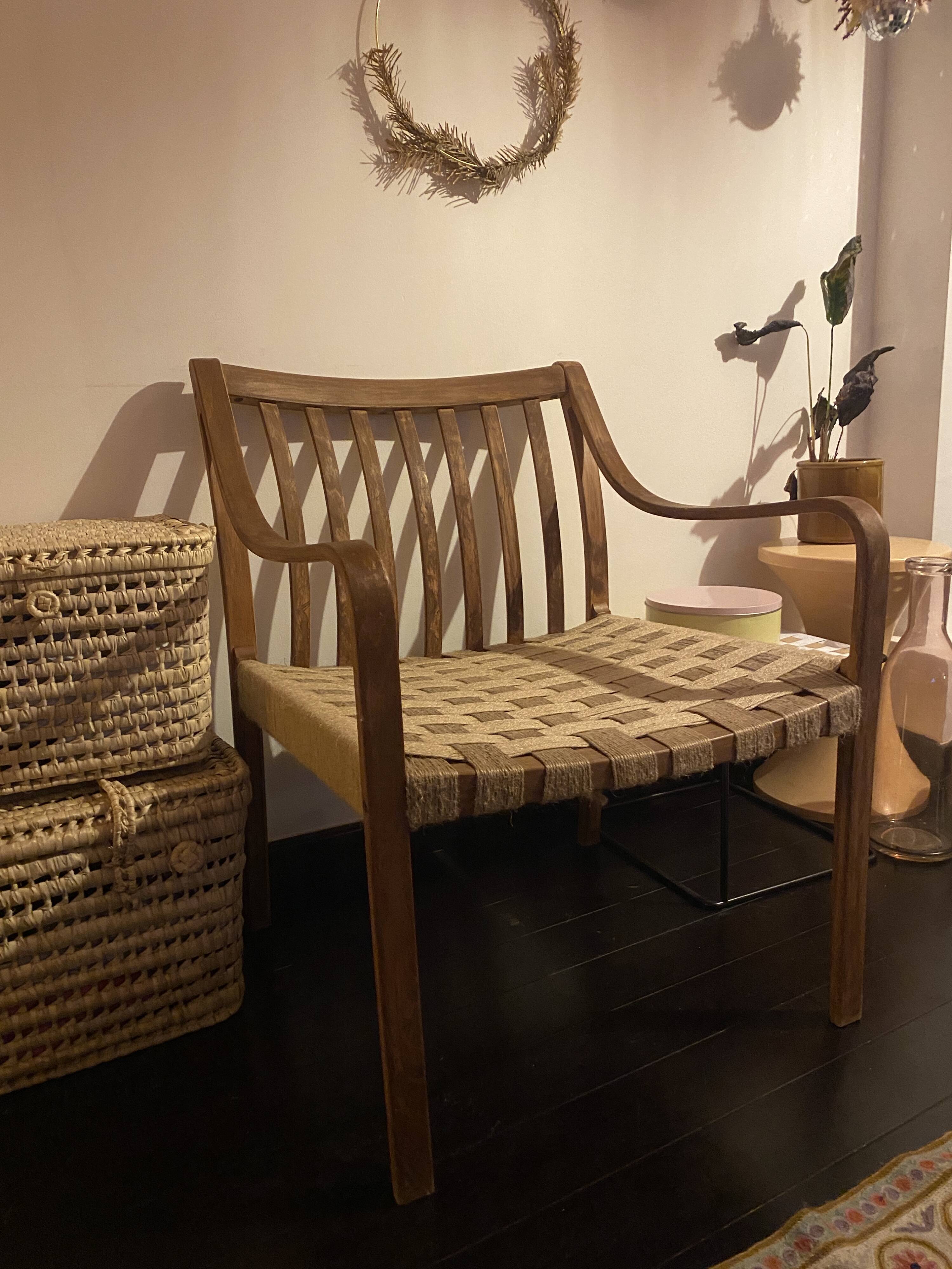 Restored wooden armchair - seat in woven jute
