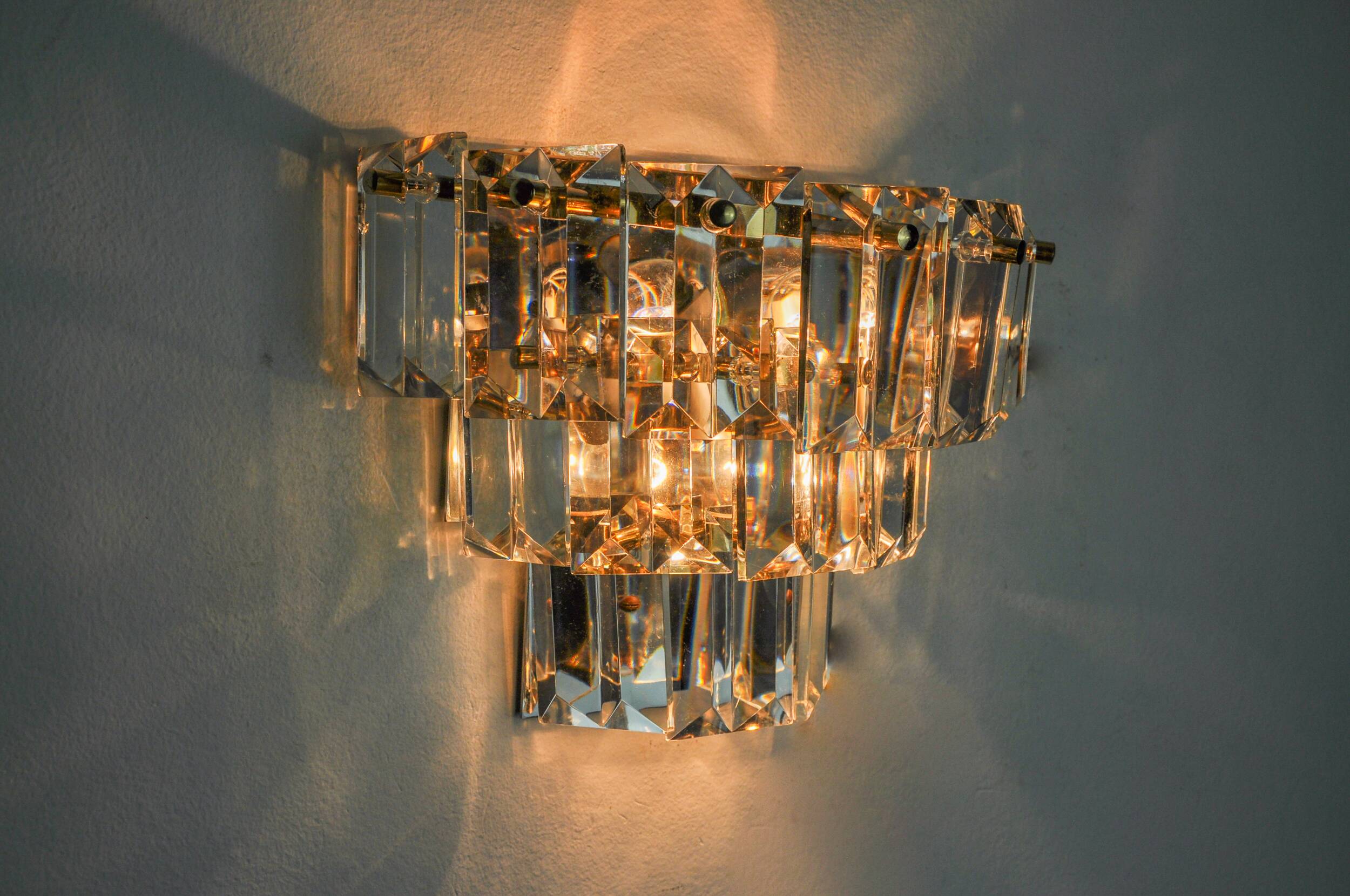 Kinkeldey wall light, cut crystals, 3 levels, Germany, 1970