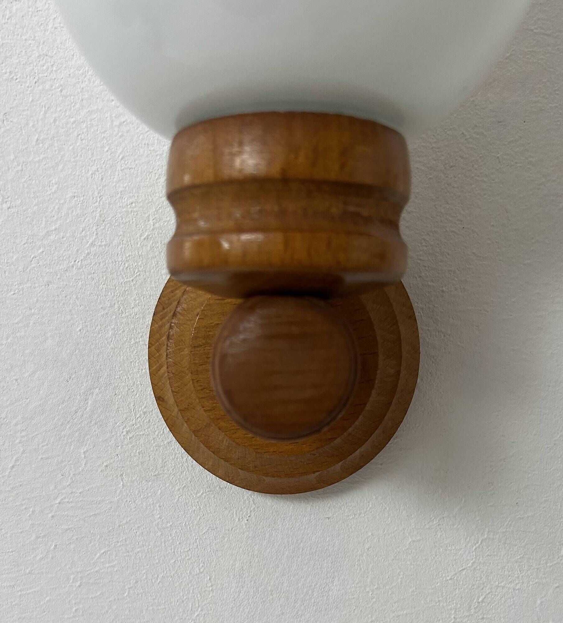 Pair of vintage wall lights, pine and opaline glass, France, 1980
