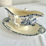 Saucière porcelain stamped Lunéville with double ivory and blue handles