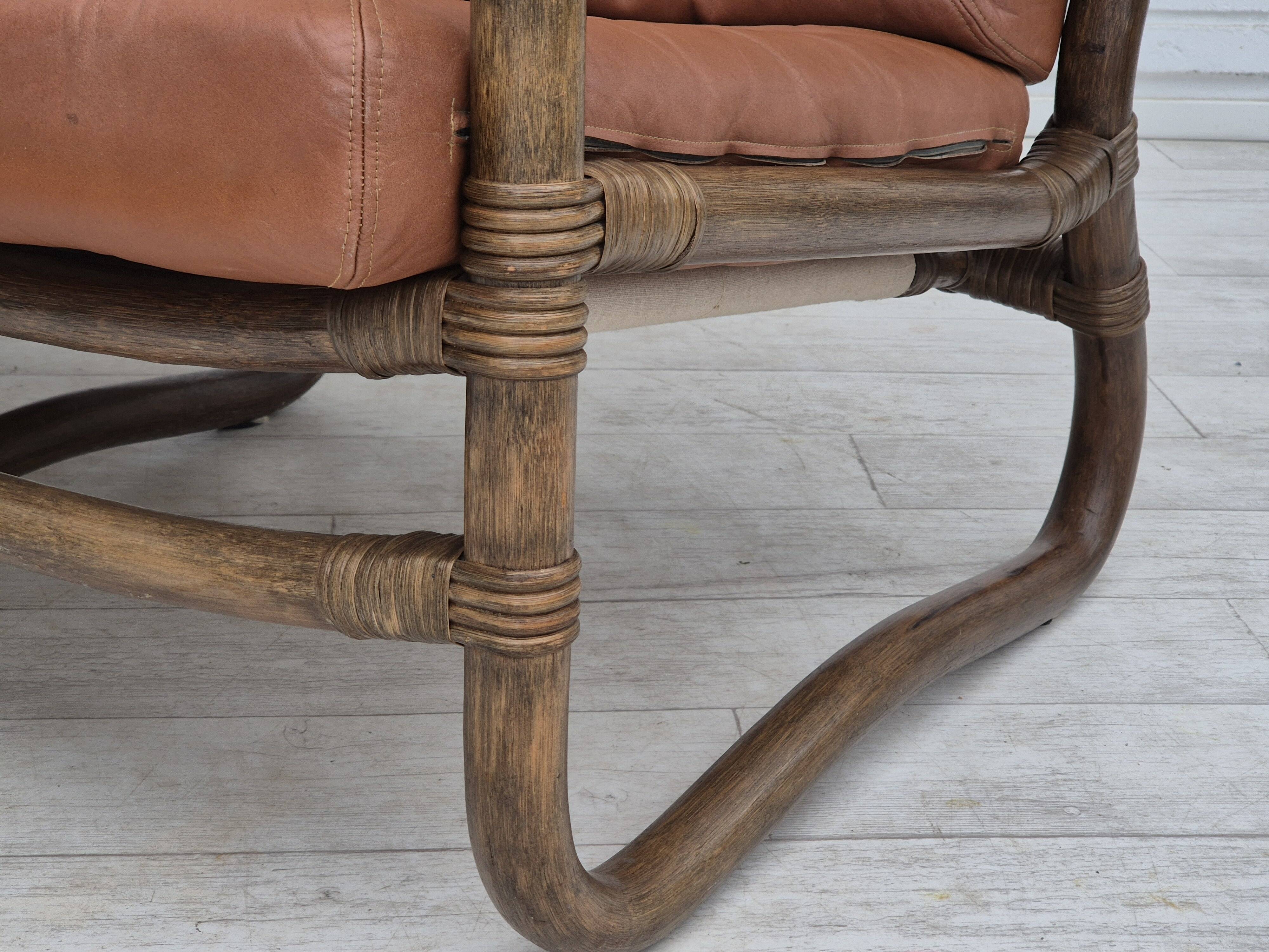 1970s, Scandinavian 2 seater sofa, original very good condition, bamboo, leather.