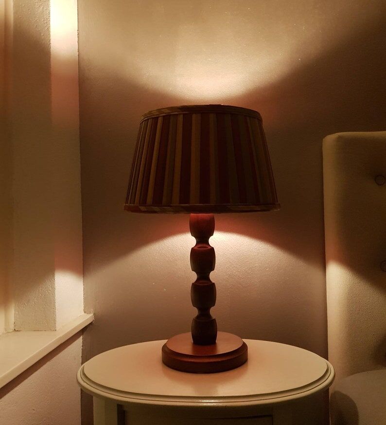 Vintage wooden table lamp with pleated fabric lampshade 1970