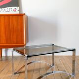 Rectangular coffee table in chrome and smoked glass, arched legs, Space Age, Design, 1970