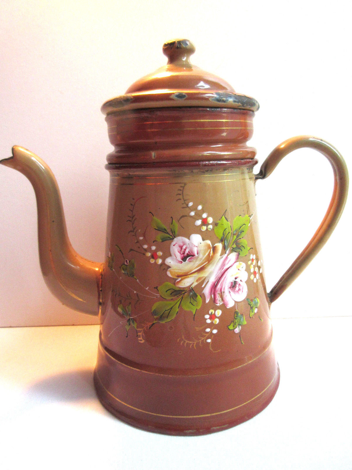 Ancienne Cafetière En Tôle émaillée – Déco Vintage Fleurs Jaunes Et Oranges