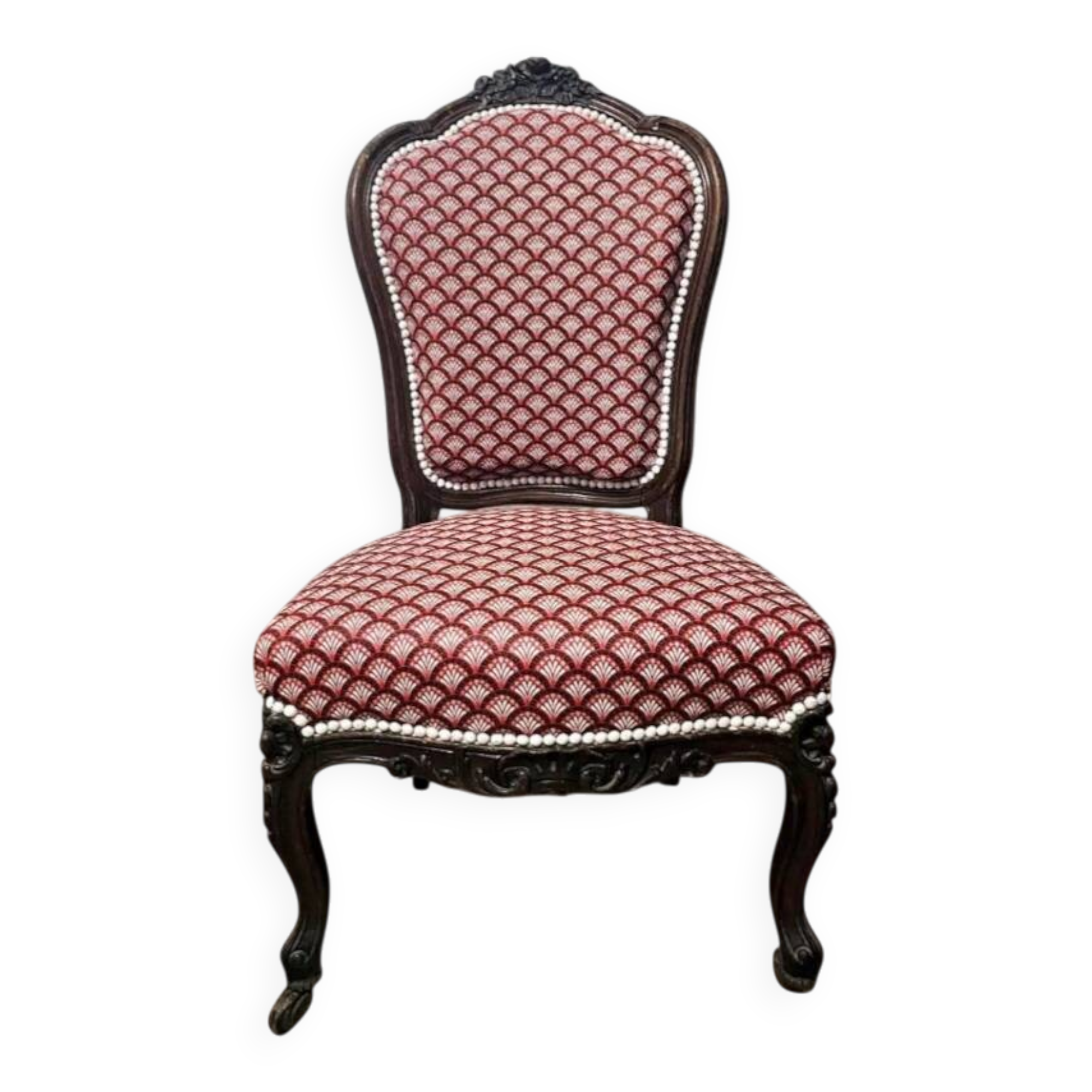 Napoleon III armchair reinterpreted – carved wood and shell pattern fabric