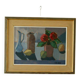 Mid-century original Swedish oil on panel still life with pot plant
