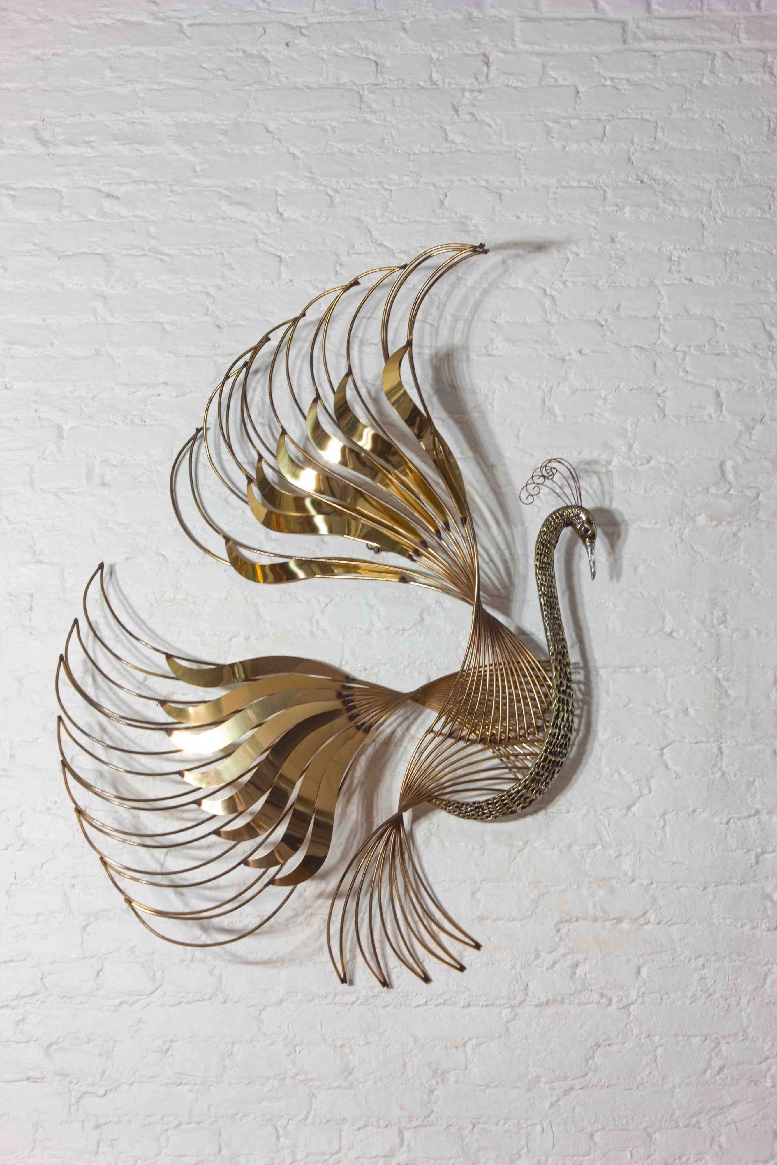 Impressive wall "Peacock" wall sculpture in brass by Curtis Jere, 1980s