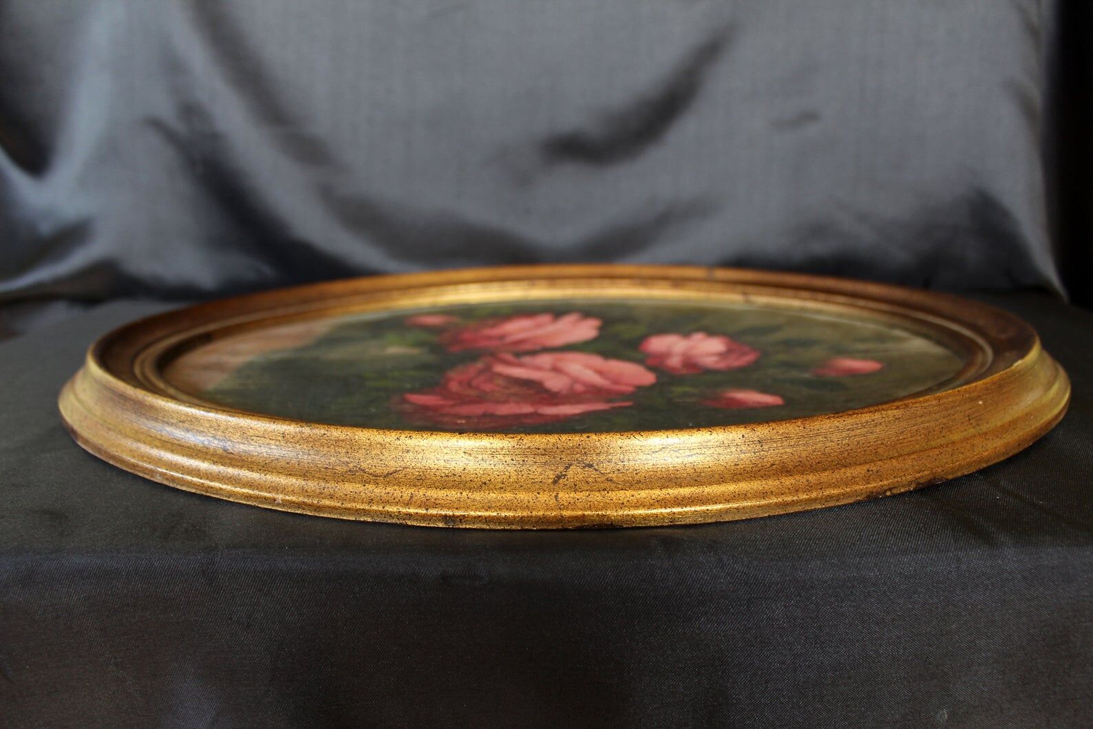 Antique vintage painting on wood, still life, oval frame, pink roses flower bouquet, signed, antique