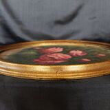 Antique vintage painting on wood, still life, oval frame, pink roses flower bouquet, signed, antique