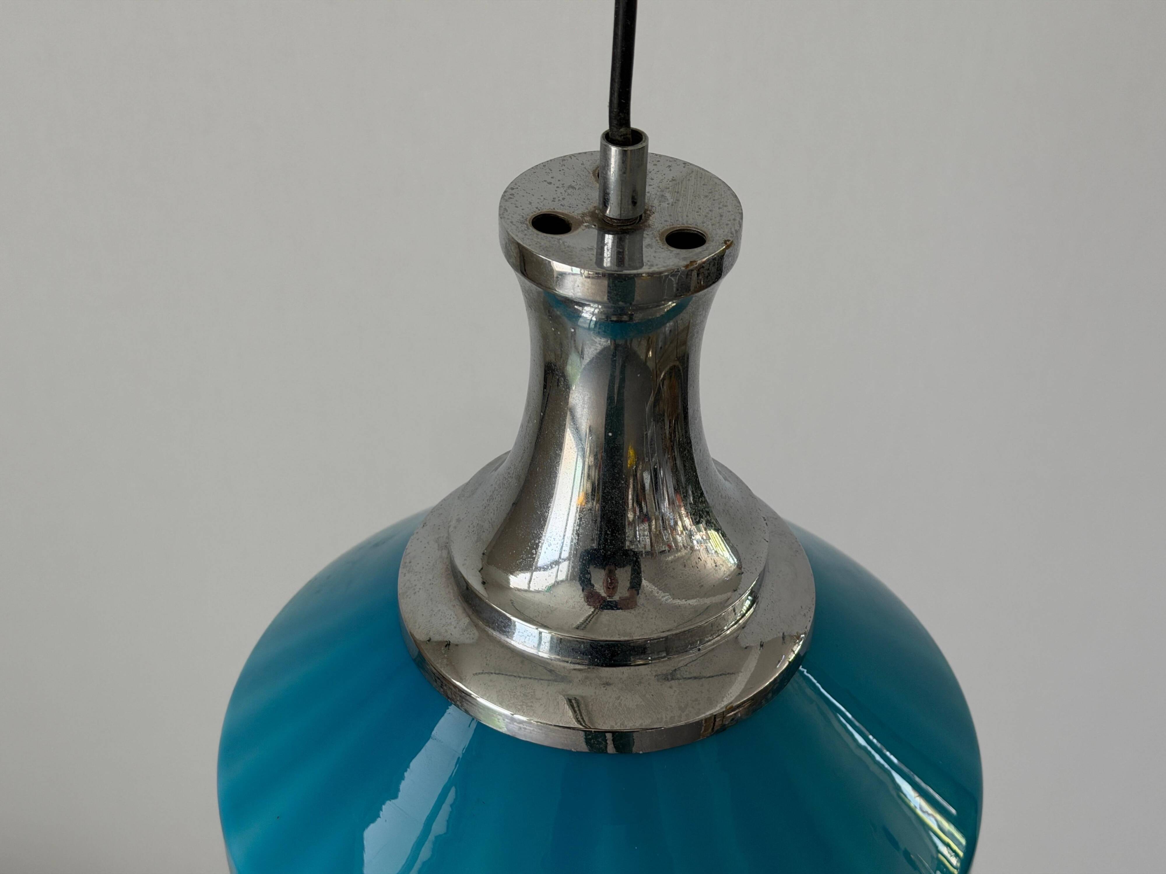 Blue glass ceiling light with a chrome frame, 1960s, Germany.