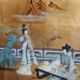 Buffet of black and gold laqué Chinese storage with relief subjects decorated flowers painted birds