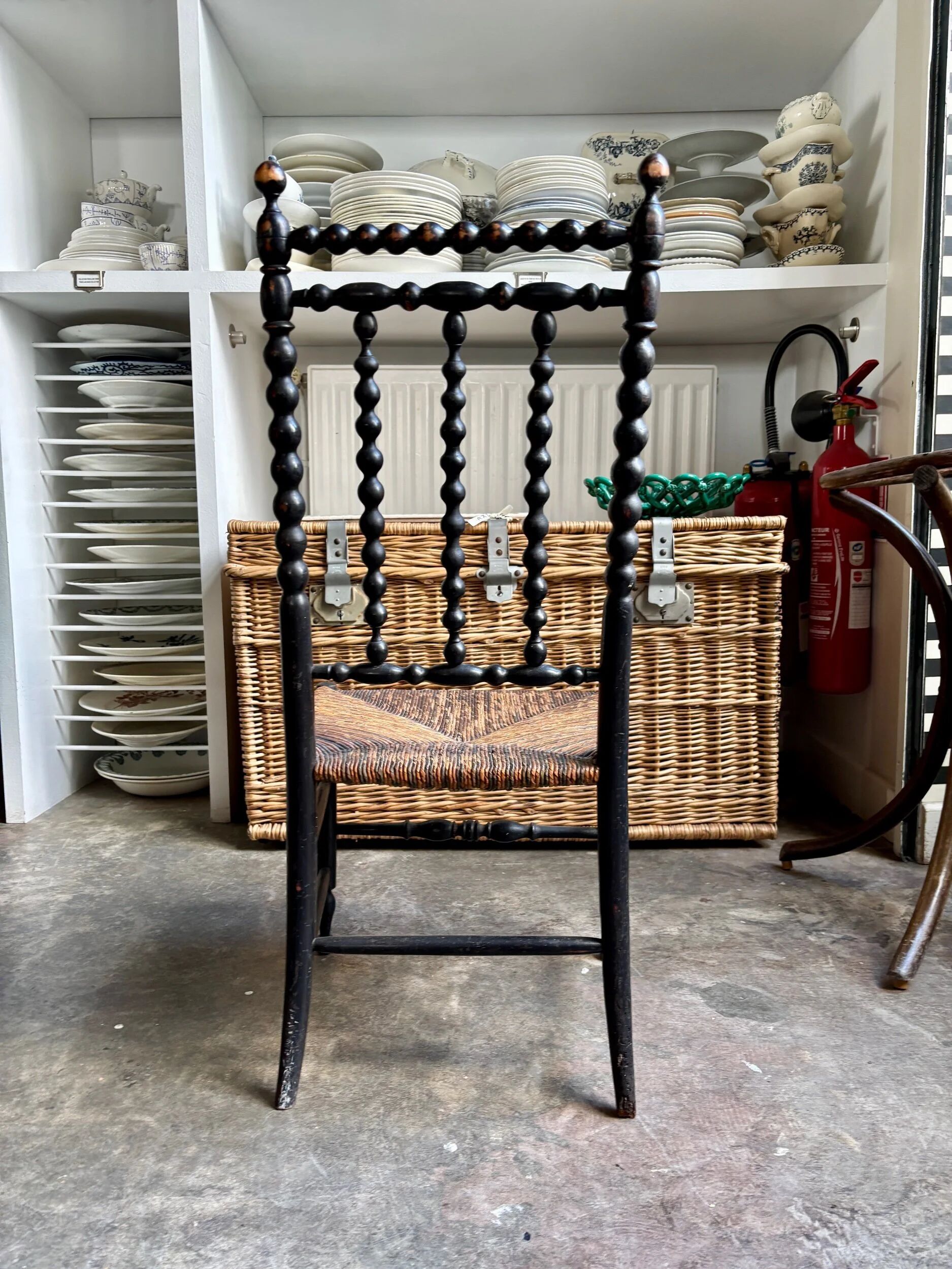 Low chair, Napoléon III child in blackened wood and woven straw.