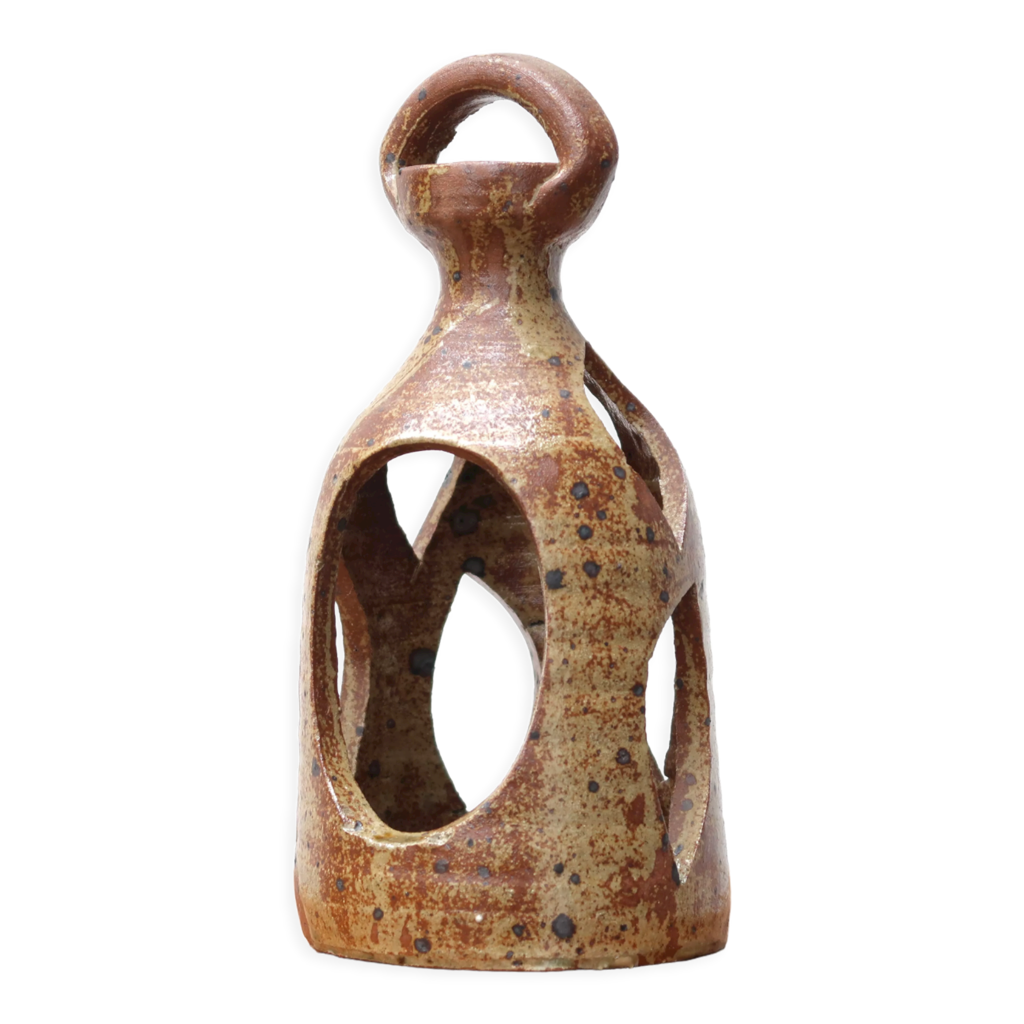 Ancienne Lanterne Bougeoir En Grès Pyrité – Déco Vintage Céramique Marron 16cm