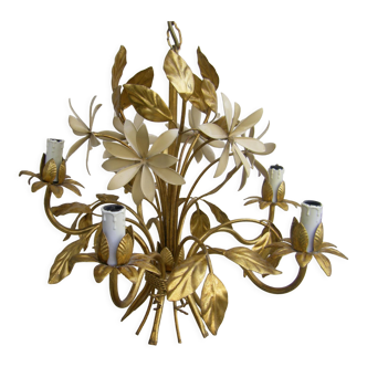 Chandelier with five arms of lights decorated with golden leaves and white flowers by Hans Kögl circa 1970