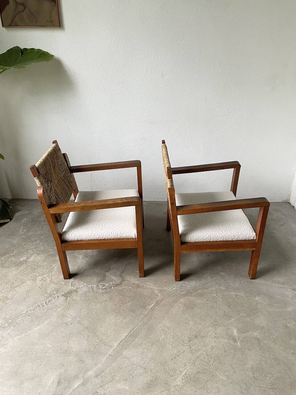 Pair of oak and straw armchairs, reconstruction style