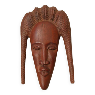 Masque en bois sculpté art africain visage femme fabrication artisanale  décoration ethnique tribal