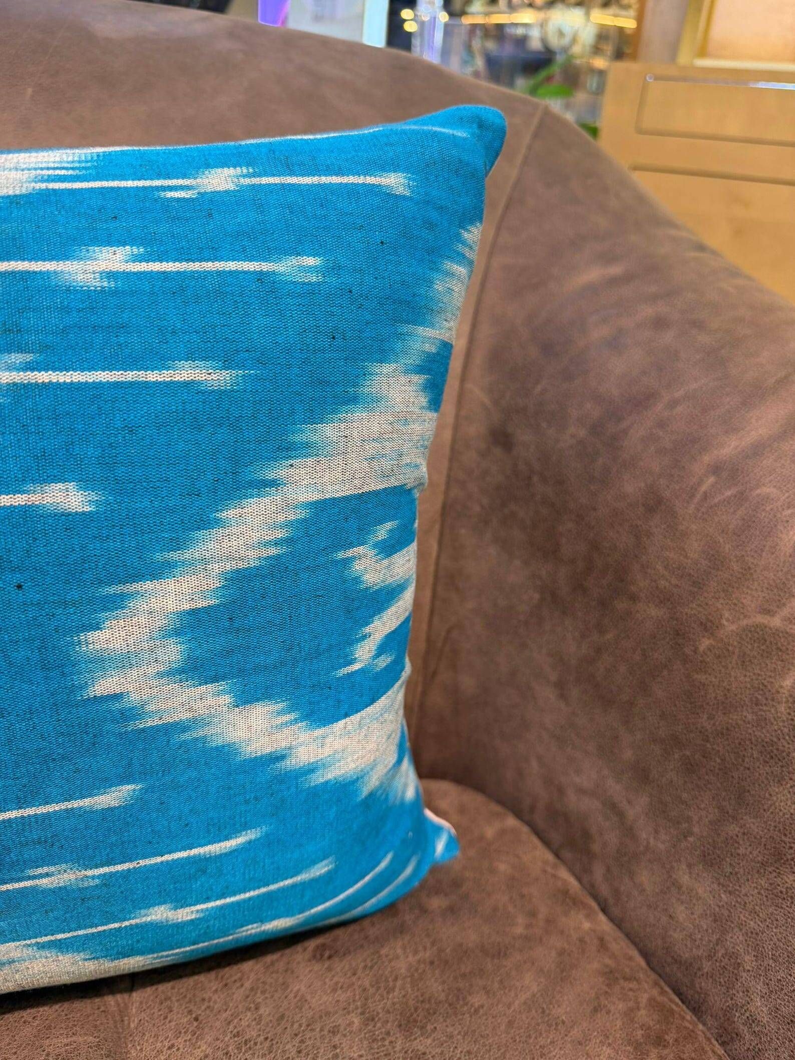 Handmade Silk Ikat Lumbar Cushion Cover, Sky Blue Oval Print Pillow Case