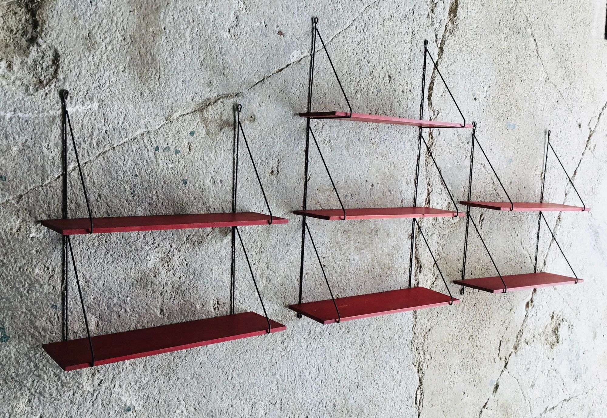 Set of 3 wall shelves thong with metal studs in pins - design 1950