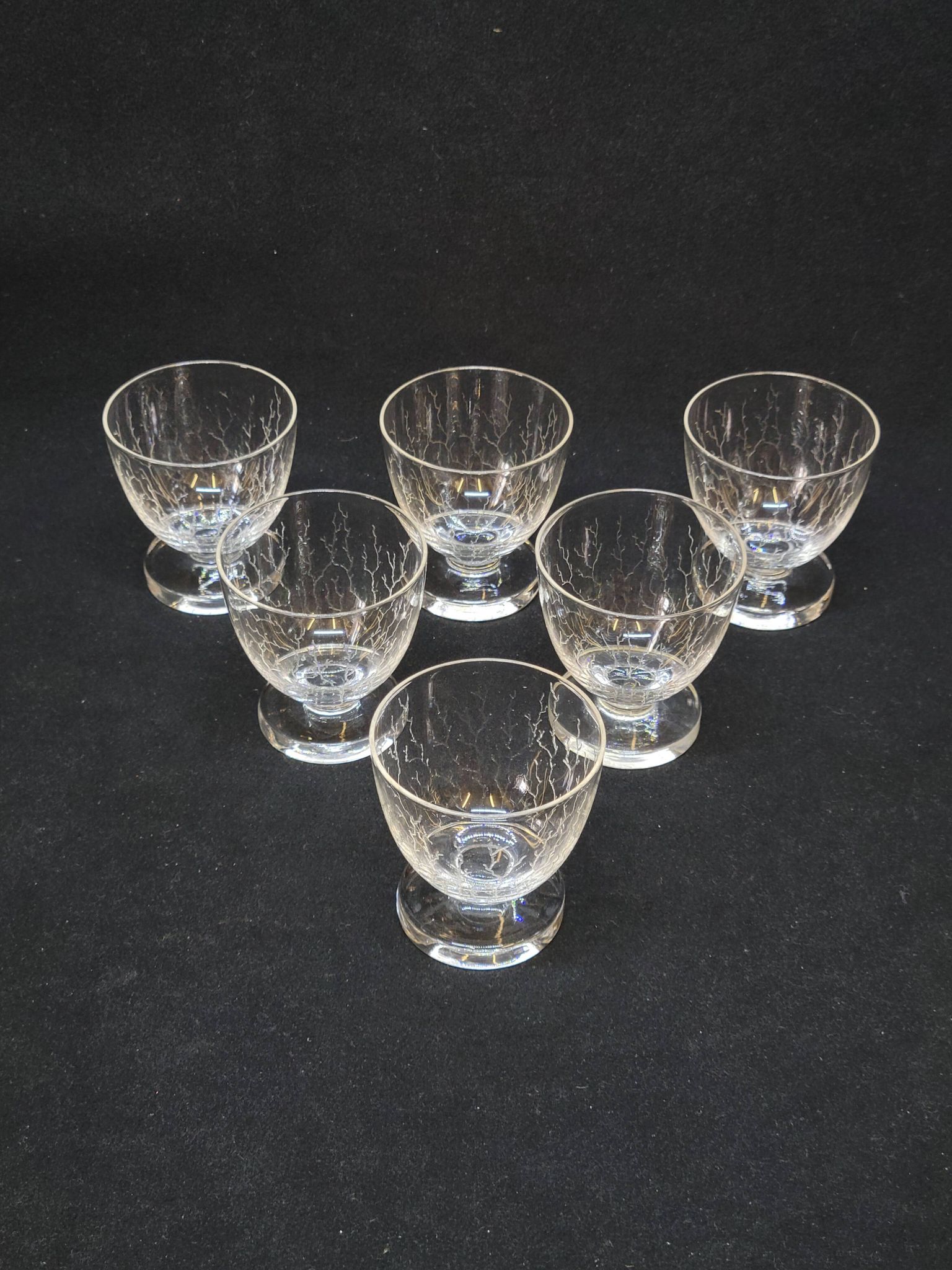 6 Verres A Liqueur / Digestif En Cristal Gravé Craquelé Craquelures
