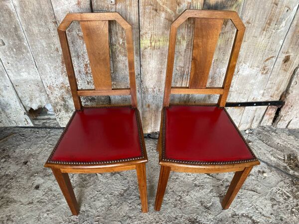 Paire Chaise Ancienne Art Deco Bois + Assise Cuir Rouge Vintage #D742