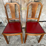 Pair of Vintage Art Deco Wooden Chairs with Red Leather Upholstery #D742