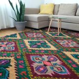 Tapis roumain vintage 330X176 cm tissé à la main dans la laine jaune et vert design géométrique