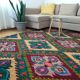 Tapis roumain vintage 330X176 cm tissé à la main dans la laine jaune et vert design géométrique