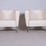 White leather Halabala armchairs made in 1930s Czechia - Fully restored