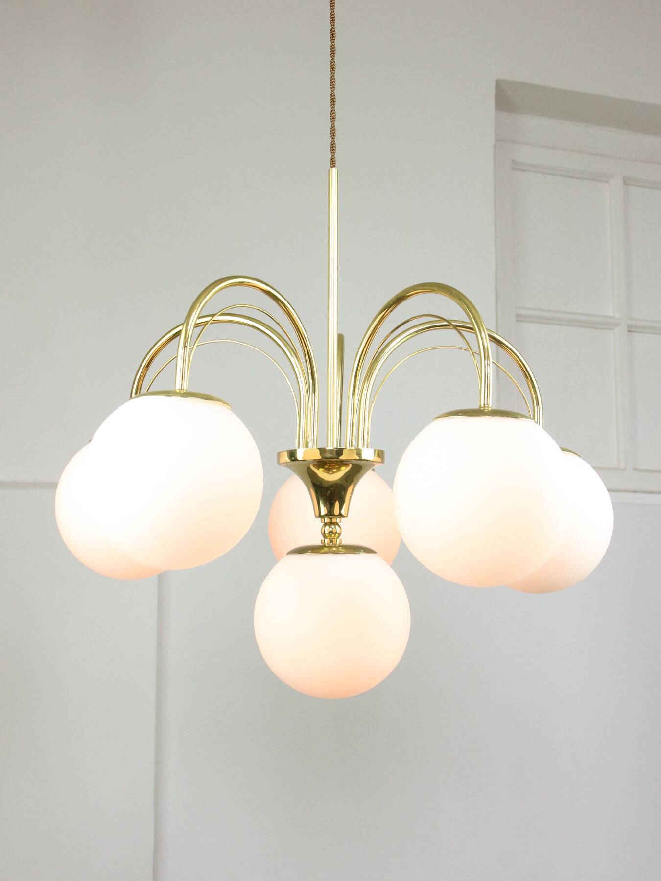 Vintage Golden & Opaline Glass 5-Arm Chandelier, 70s