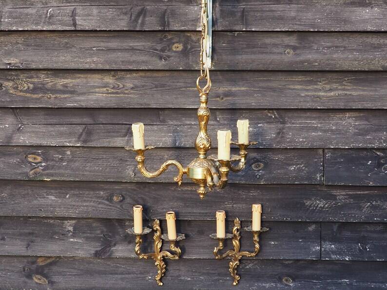 French Vintage Louis XV Style Bronze Candlestick & Sconce Set