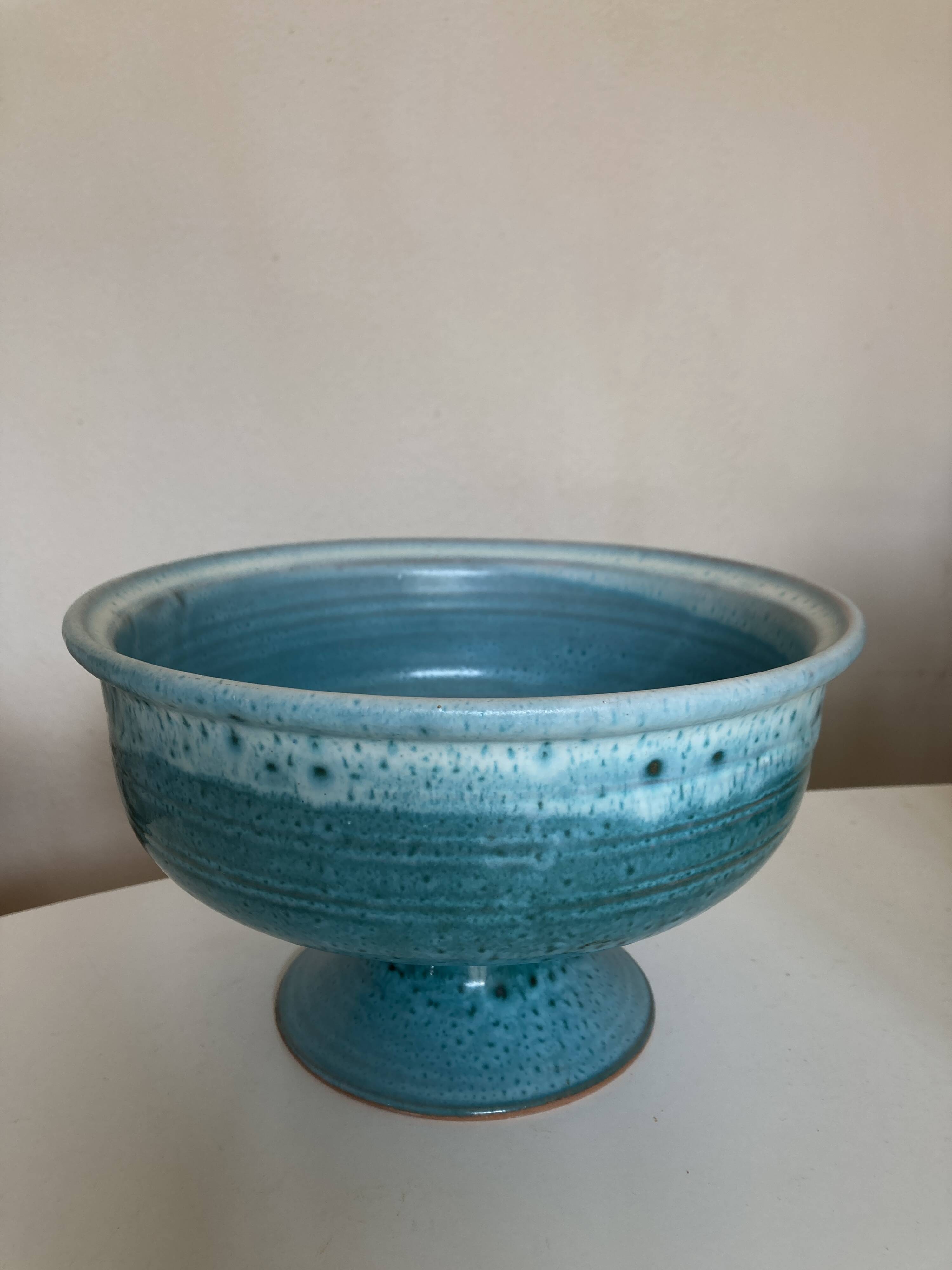 Ceramic turquoise centerpiece on foot Vallauris terracotta mid century