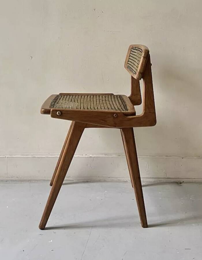 Teak wood and cane chair design, SNA Roset / Landault 1950-60