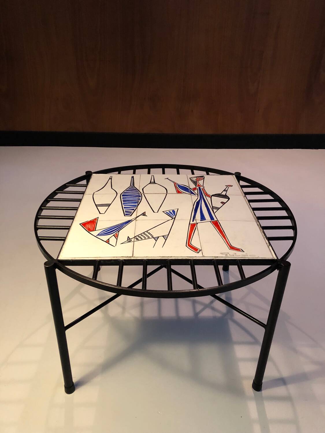 Modernist coffee table in steel and ceramic 1950