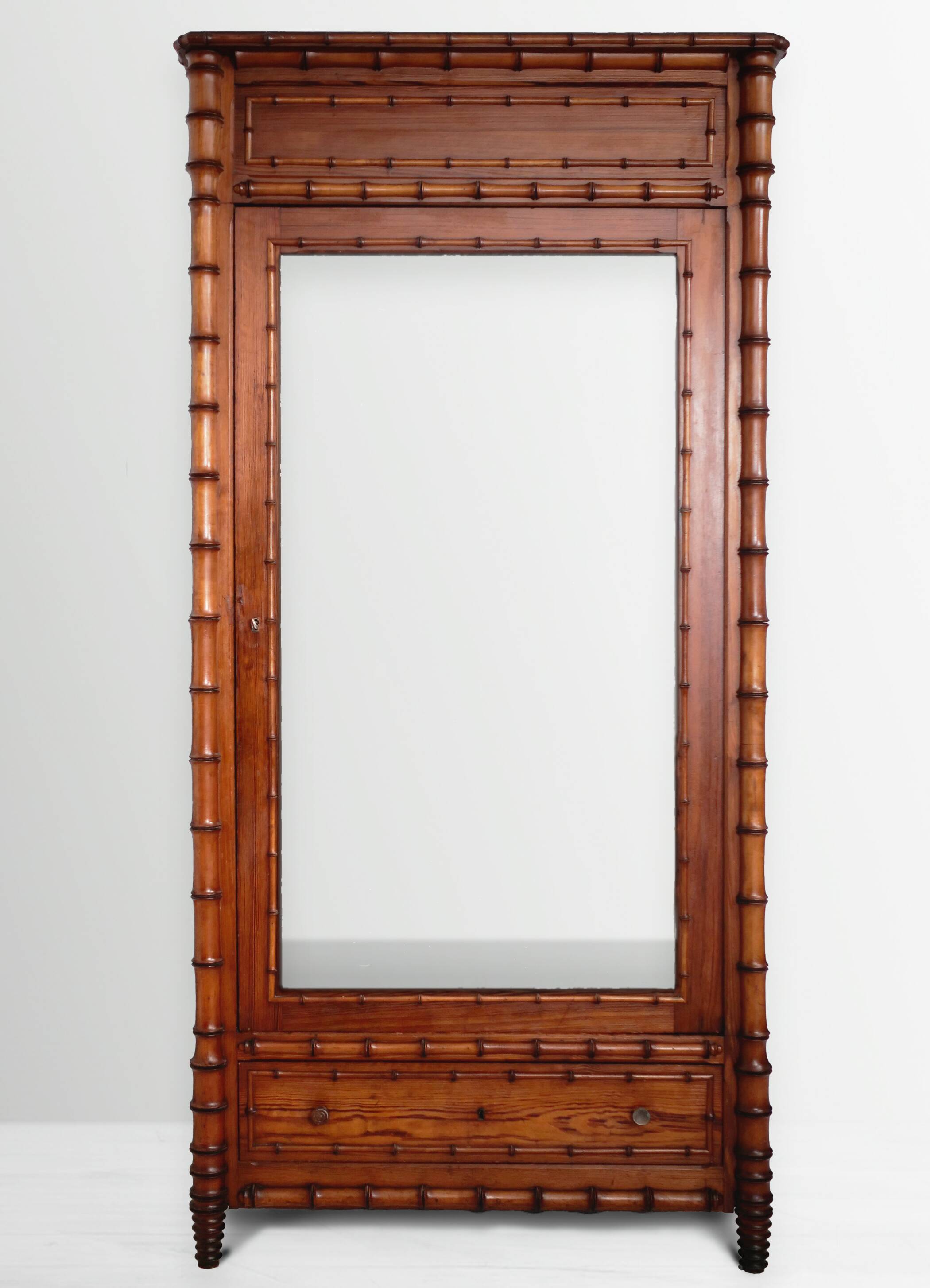 19th Century French Pine Faux Bamboo Mirrored Cabinet